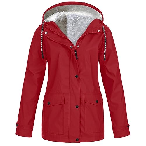 Regenjacke Damen Teddyfell Gefüttert Wasserdicht Atmungsaktiv Regenmantel mit Kapuze Übergangsjacke Leichte Regenjacke Damen Winterjacke Winter Softshelljacke Outdoorjacke Jacke (A01-Red, XXXXL) von Zshosam