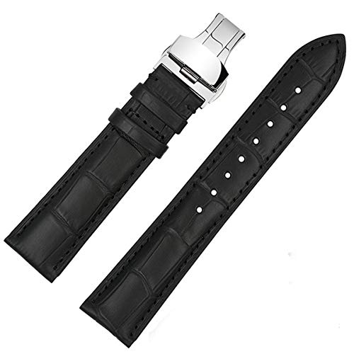 Uhrenarmbänder 18mm 19mm 20mm 21mm 22mm Schwarzes Lederarmband Silber Butterfly Buckle Alligator Grain für Männer Frauen, Schwarz, 21mm von ZssmGood