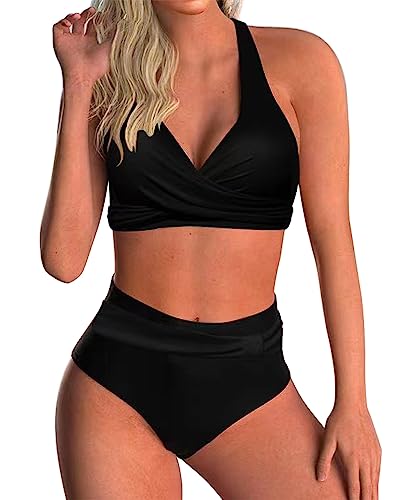 Zueauns Bikini Damen Bauchweg Große Brüste Badeanzug High Waist Push Up Bikinis für Damen V Ausschnitt überkreuztes Bauchkontrolle Bikini Zweiteilige Bademode (Schwarz,S) von Zueauns