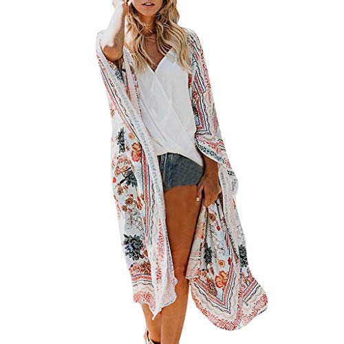 Damen Kimono Cardigan Strand Sommer, Loose Lange Boho Bikini Cover Up, Oversized Mode Leichte Frauen Beachwear Bedecken Chiffon Up Shawl Kimono Cardigan Fashion Bluse Cover (White, XXXXL) von Zuoyue