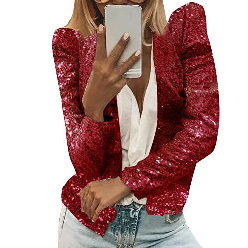 Zuoyue Damen Damen Pailletten Cardigan Jacke Langarm Glitzer Bomberjacke Party Club Jacke Pailletten- Damen Elegant Tailliert Anzugjacke Glitzer Tops Kurz Oberteile Glitzer (D1-Red, XL) von Zuoyue