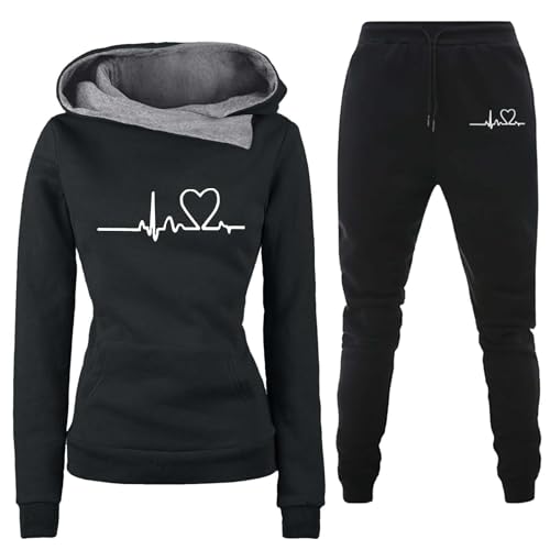 Zuoyue Damen Trainingsanzug Set 2-Teilig Heartbeat Print Hoodie Jogginghose Sweatshirt Hose Zweiteiler Jogginganzüge Langarm Hosenanzug Hoodie Jogginghose Hose Zweiteiler für Yoga Gym (A1-Black, L) von Zuoyue