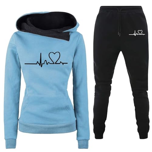 Zuoyue Damen Trainingsanzug Set 2-Teilig Heartbeat Print Hoodie Jogginghose Sweatshirt Hose Zweiteiler Jogginganzüge Langarm Hosenanzug Hoodie Jogginghose Hose Zweiteiler für Yoga Gym (A4-BU2, XXL) von Zuoyue