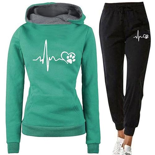 Zuoyue Damen Trainingsanzug Set 2-Teilig Heartbeat Print Hoodie Jogginghose Sweatshirt Hose Zweiteiler Jogginganzüge Langarm Hosenanzug Hoodie Jogginghose Hose Zweiteiler für Yoga Gym (Green, XXL) von Zuoyue