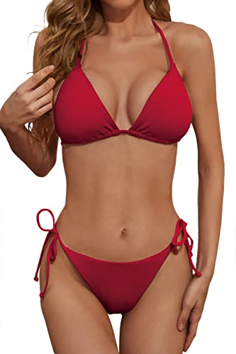 Zuvebamyo Damen Gerippter Zweiteiler Bikini Badeanzug Sexy Triangel Top Badeanzüge String Cheeky Bikini Sets, rot, Large von Zuvebamyo