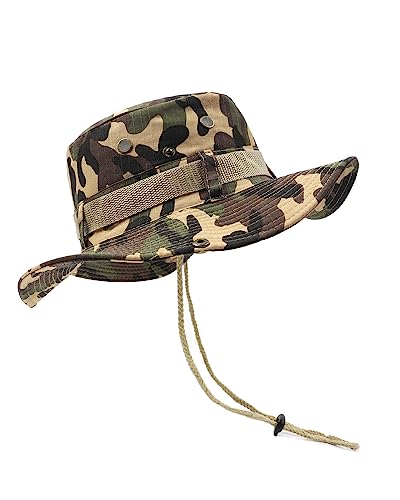 Zylioo XXL Camo Safari Buschhut Für Großen Kopf,Military Tactical Australian Boonie Hat,Woodland 'Junglescout' Breiter Krempe Wanderhut für Outdoor Camping von Zylioo