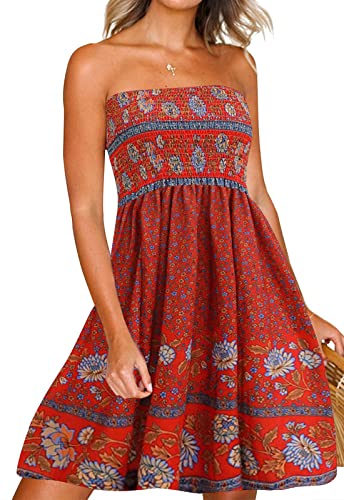 Tube Top Kleid Boho Floral Sommer Strand Csual Sun Kleider Trägerloses Kleid für Frauen Rot S, Rot-geblümt 1, Mittel von Zyyfly