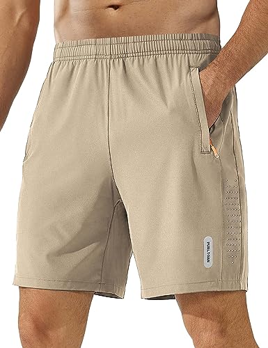 Zzkouine Herren Leichte Laufhose, Gymshorts, Trainingsshorts und Laufshorts mit Reißverschlusstaschen mit Reißverschlusstasche Leicht Activewear für Herren Badehose Trainingshose-Khaki-S von Zzkouine