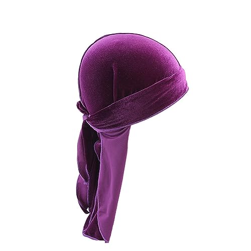 6 Stück Samt-Durag-Mütze für Männer und Frauen. Weiche Samt-Durag-Kopfwickel mit langem Schwanz und breiten Trägern für 360 Wellen Stirnbänder Mädchen Sommer (Purple, One Size) von aaSccex