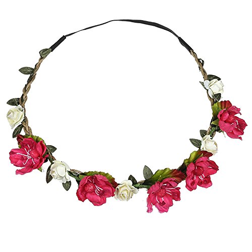 Boho Beach Band Garland Flower Party Kopf Frauen Hochzeit Haare Festival Blume Headband Laufstirnband Damen Winter Schwarz (Hot Pink, One Size) von aaSccex