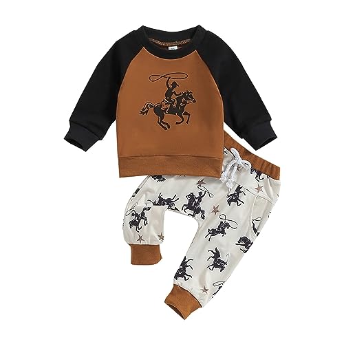 aaSccex Kleinkind Jungen Mädchen Set Herbst/Winter Cowboy Brief Druck Farbblock Pullover Schnüren Hosen Zweiteilige Set Party Geburtstag Schule Bekleidungsset Jungen 68 (Yellow, 3-6 Months) von aaSccex