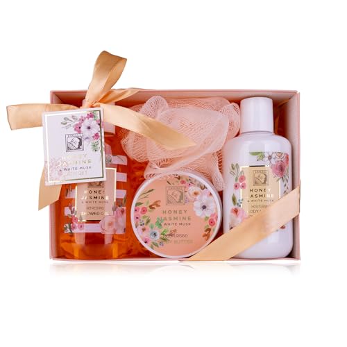 Accentra – Duschset Frauen Geschenkset HONEY JASMINE in schöner Geschenkbox – 4-teiliges Pflegeset mit Duschgel, Bodylotion, Körperbutter und Netzschwamm – Geschenk Set zum Valentinstag & Muttertag von accentra