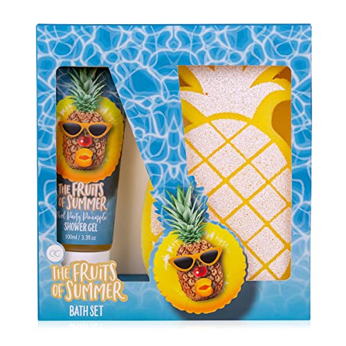 accentra Bade-Set THE FRUITS OF SUMMER, 2tlg Geschenkset bestehend aus 100ml Duschgel und Ananas-Badeschwamm – in Geschenkbox – das besondere Präsent für alle Frauen, Damen, Mamas, Mädchen von accentra