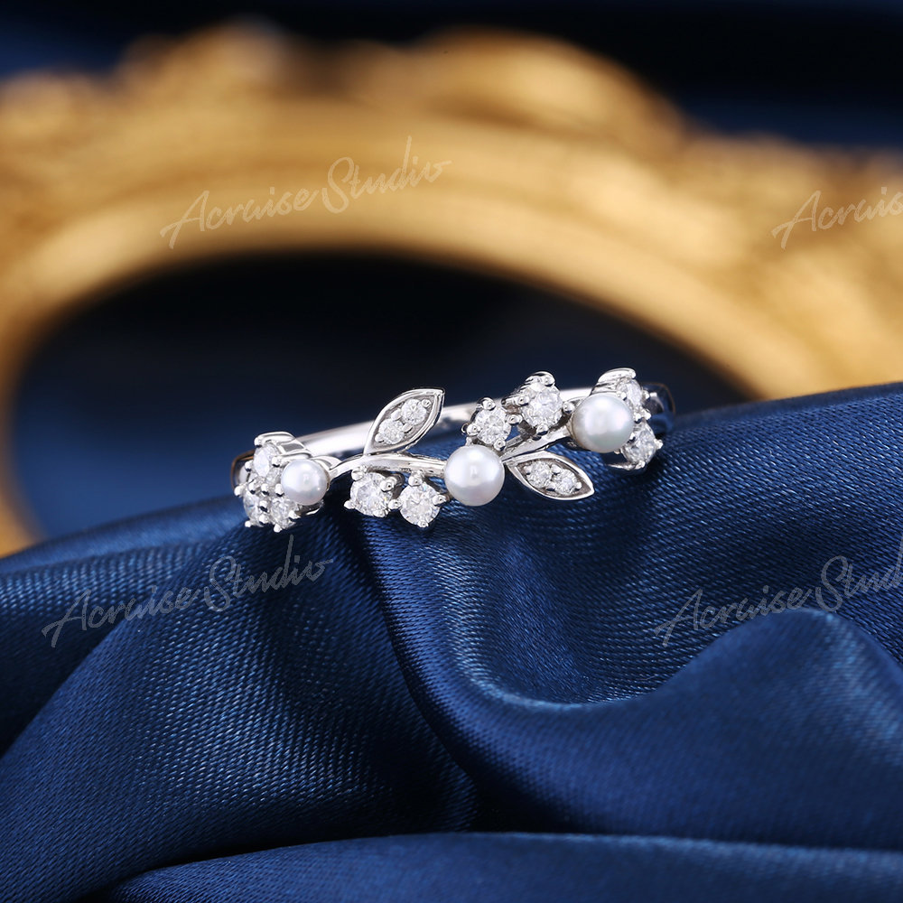 Einzigartiger Perlen-Verlobungsring Mit Diamanten, Weißgold, Zierlicher Blattring Für Frauen, Individueller Perlen - Und Diamantring, Florale von acraisejewelry