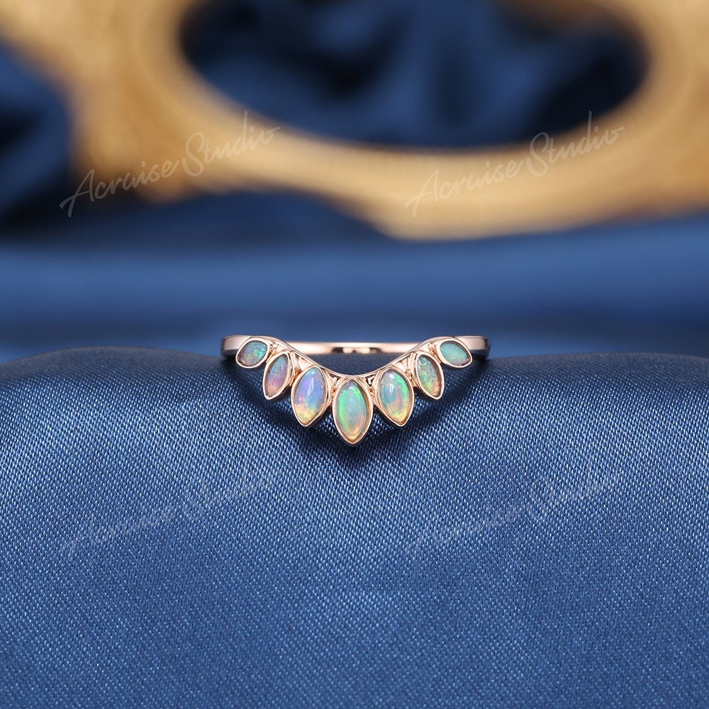 Einzigartiger Marquise Cut Opal Ehering 14K Rose Gold Stapelring Frauen Art Deco Gebogener Passender Ring Anpassen Versprechen Geschenk Für Sie von acraisejewelry