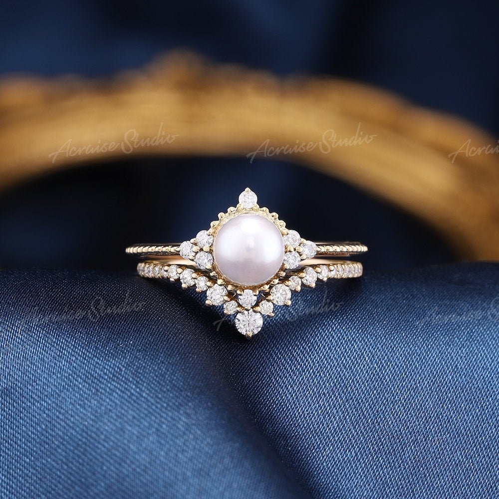 Antike Perle Verlobungsring Set Massivgold Ehering Diamant Gebogene Stapelringe Akoya Braut Frauen Ringe Für von acraisejewelry