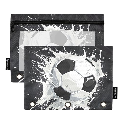 ALAZA Federmäppchen für 3-Ringbuch, Fußball-Reißverschlusstasche, 3 Ringtaschen, transparentes Fenster, große Bindertaschen mit Löchern für Schule, Büro, 2 Stück, Soccer I9135, 2er-Pack von alaza