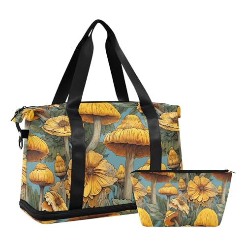 ALAZA Sporttasche mit Schuhfach, Motiv: Pilze, Sonnenblumen, Reisetasche für Damen und Herren, Mehrfarbig, 6.6 x 9.4 x 2.5 in von alaza