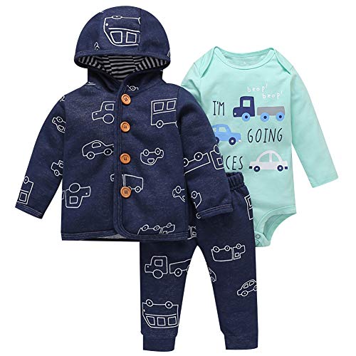 amropi Baby Mädchen Bekleidungssets 3 Stück Warme Mäntel mit Kapuze + Strampler Tops + Hosen Trainingsanzug (Blau Grün,18-24 Monate) von amropi