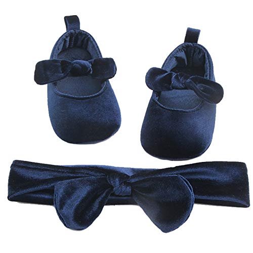 amropi Baby Mädchen Lauflernschuhe mit Haarband Krabbelschuhe Kleinkind Taufe Prinzessin Ballerina Schuhe (Marine, 6-9 Monate) von amropi