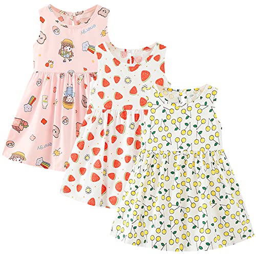 amropi Geblümt Kleider für Baby Mädchen Sommerkleid 3er Pack Ärmelloses Baumwolle Kleid Rosa Weiß Gelb,6-12 Monate von amropi