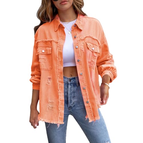 amropi Jeansjacke für Damen Denim Bluse leicht Jacket Ausgefranster Saum Jeansmantel Orange, S amropi Jeansjacke für Damen Denim Bluse leicht Jacket Ausgefranster Saum Jeansmantel Orange, S von amropi
