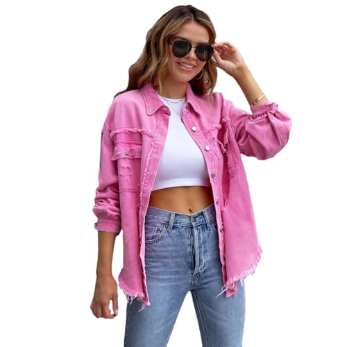 amropi Jeansjacke für Damen Denim Bluse leicht Jacket Ausgefranster Saum Jeansmantel Rosa, XXL amropi Jeansjacke für Damen Denim Bluse leicht Jacket Ausgefranster Saum Jeansmantel Rosa, XXL von amropi