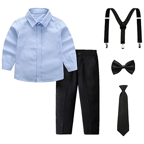 amropi Jungen Langarm Bekleidungssets Hemd mit Fliege + Hosenträger Hosen Strampler Anzug Blau Schwarz, 7-8 Jahre von amropi