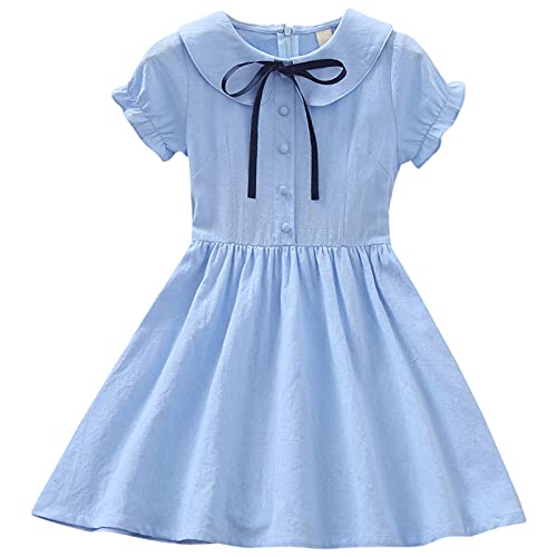 amropi Mädchen Kleider Kurzarm Baumwolle Schleife Sommerkleid Prinzessin Kinder Kleid Blau,6-7 Jahre von amropi