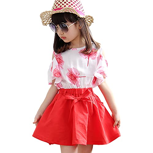 amropi Mädchen Sommerkleidung Set Blumendruck Kurzarm T-Shirt Mini Rock Bekleidungssets Rot Weiß, 7-8 Jahre von amropi