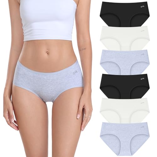 anqier Unterhosen Damen, 6er Pack Baumwolle Mittlere Taille Slips Damen Bequeme Atmungsaktiv Hipster Pantys Weich Frauen Unterwäsche von anqier