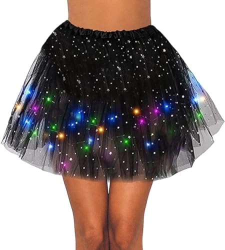 Damen Erwachsene Tüll Tutu Röcke Pailletten Sterne Rock LED Light Up Tutu Rock Party Tanz Flackern (Schwarz) von anso