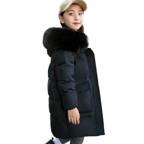 aromm Mädchen Winter Daunenmantel Pelz Kapuze Mittellang Warme Puffer Jacke Oberbekleidung Schwarz, 160 von aromm