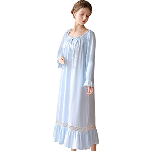 aromm Voller Länge Victorian Nachthemd für Damen Baumwolle Lange Ärmel Stretch Schlafanzug Blau Mit Spitze Dekor, M von aromm