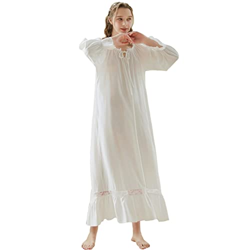aromm Voller Länge Victorian Nachthemd für Damen Baumwolle Lange Ärmel Stretch Schlafanzug Weiß Mit Spitze Dekor, L von aromm