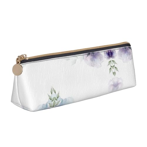 avlyn Federmäppchen mit Fischen, Vogel und Bambusblättern, dreieckig, Leder, Federmäppchen, Make-up-Tasche für Damen, Herren, Schule, Büro und Reisen, Blaue, violette Blumen und grüne Blätter, von avlyn