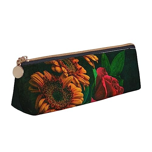 avlyn Federmäppchen mit Leopardenmuster, dreieckig, Leder, Federmäppchen, Make-up-Tasche für Damen, Herren, Schule, Büro und Reisen, Gelb, Sonnenblume und Rose., Einheitsgröße, Schulranzen von avlyn