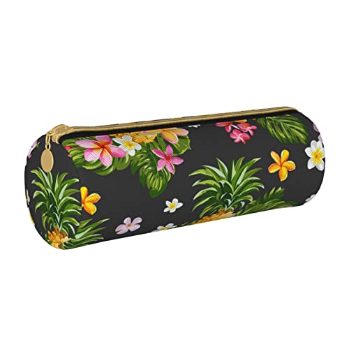 avlyn Federmäppchen mit zwei Papageien auf grüner Palme, rundes Federmäppchen, Leder-Federmäppchen, Stifttasche, Make-up-Tasche für Damen, Herren, Schule, Büro und Reisen, Tropische Ananas Hawaii, von avlyn