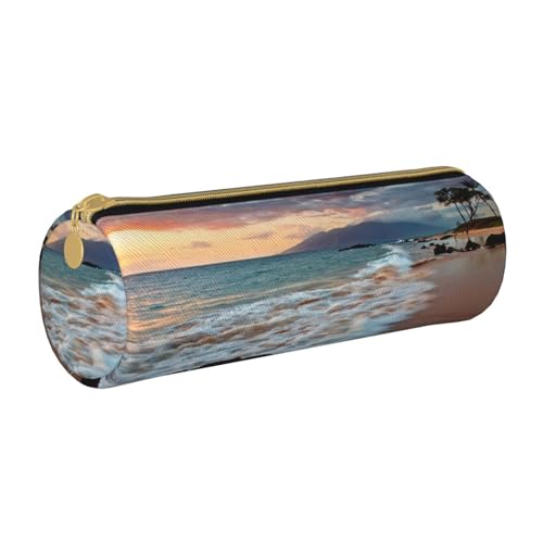 avlyn Rundes Federmäppchen, Motiv: Poker-Turnier, Leder, Stifttasche, Make-up-Tasche für Damen, Herren, Schule, Büro und Reisen, Beach Maui Hawaii Sonnenuntergang Wolken, Einheitsgröße, Schulranzen von avlyn