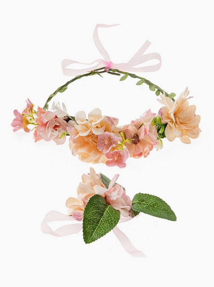 axy Diadem Haarkranz Blumen Blumenkranz Damen Mädchen Stirnband (Blumenkranz und Blumenarmband als Set), Verstellbarer für Hochzeit Karneval Festival von axy