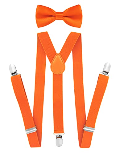 axy Kinder Jungen Hosenträger-Y Form 2,5cm breit mit Fliege - 3 Stabile Clips für Kinder 7-12 Jahre alt (Orange) von axy