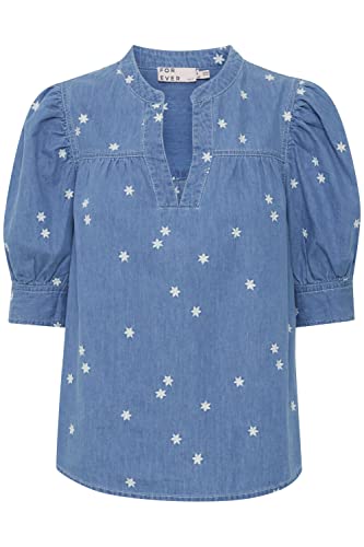 b.young BYFVLYSTRA Damen Kurze Bluse Jeansbluse mit V-Ausschnitt und Stehkragen Stickereimuster, Größe:40, Farbe:Ligth Blue Denim (200460) von b.young