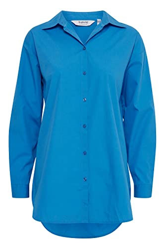 b.young BYGAMZE Damen Langarmshirt Langarmbluse Bluse Hemdbluse mit Stehkragen Langer Schnitt mit Knopfleiste aus 100% Baumwolle Oversize, Größe:44, Farbe:French Blue (184140) von b.young