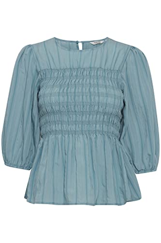 b.young BYILAURI Smock Damen Shirt 3/4-Arm Bluse mit Rundhalsausschnitt mit Knopf Puffärmel mit elastischem Bund am Ärmelsaum Schößchen kurzer Schnitt, Größe:36, Farbe:Smoke Blue (174412) von b.young