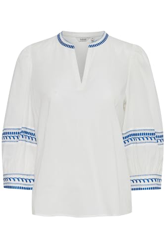 b.young BYJIYA Damen Bluse Shirtbluse mit Puffärmel V-Ausschnitt 3/4-Ärmel 100% Baumwolle Regular fit, Größe:40, Farbe:Palace Blue Sun Mix (203231) von b.young