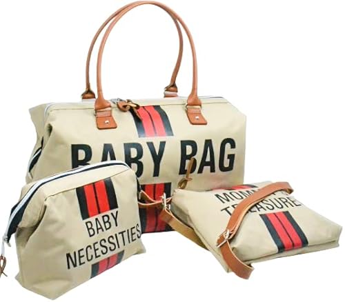 babysi kids club Baby Bag 3 Set Exklusiv Kliniktasche Geburt,Große Baby Diaper Bag Tasche,Sporttasche Damen,Reisetasche Baby,Mommy,Damen, Wickeltasche, Verstellbare (Z2- Beige/Red Stripe) von babysi kids club