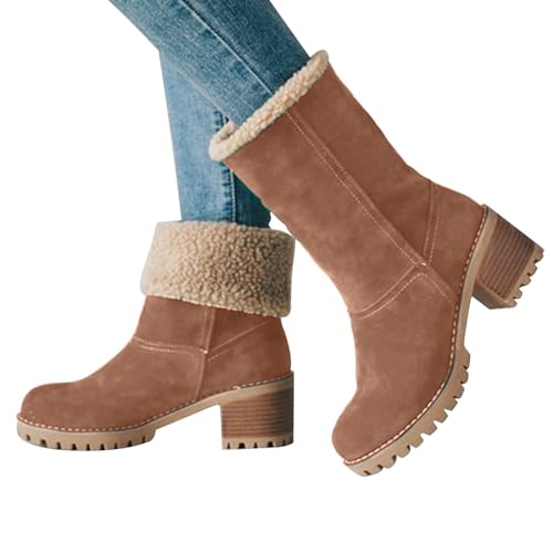 balderdash Winterstiefel mit klobigem Absatz für Senioren, runde Zehen, bequeme stoßdämpfende Schneeschuhe, warme Damen-Winterschuhe für Senioren, Winter, kaltes Wetter, camel, 35 EU von balderdash