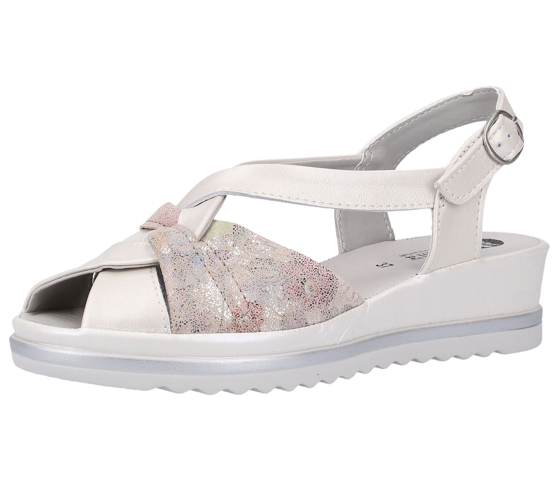 bama Damen Sommer-Schuhe stylische Echtleder-Sandale mit Keilabsatz und dezentem Blumen-Print 1003977 Weiß von bama