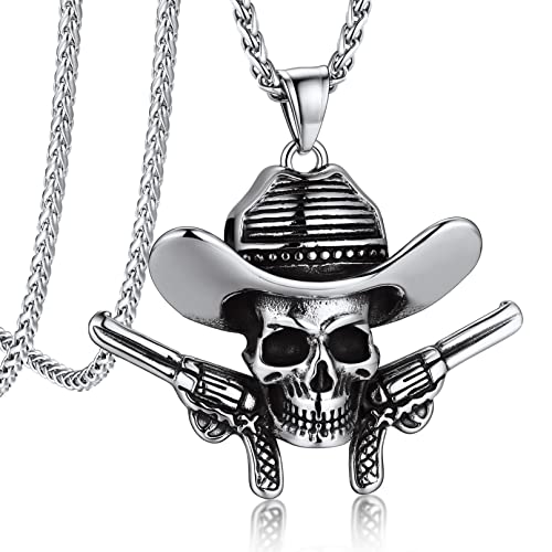 Bandmax Totenkopf Kette Herren Panzerkette Edelstahl Totenkopf Anhänger Halskette Cowboy-Hut Piraten Kette Schädel Kette Länge 55CM+5CM Punk Piraten Schmuck Accessoires von Bandmax