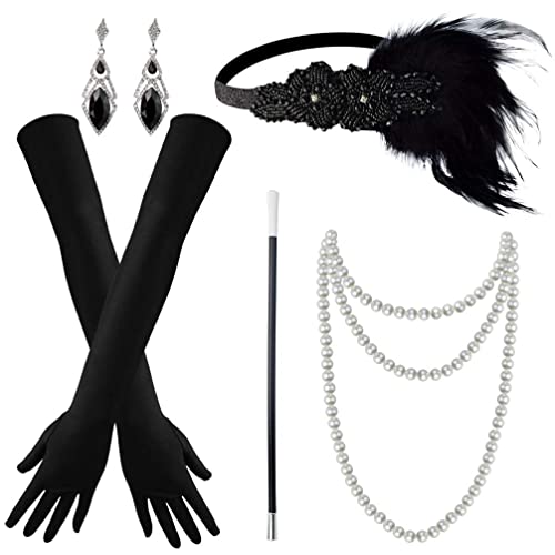 baotongle 1920er Damen Flapper Accessoires Zubehör-Kostüm Set 1920er Jahre Mode Stirnband Halter Lange Handschuhe Perlenkette für Damen von baotongle